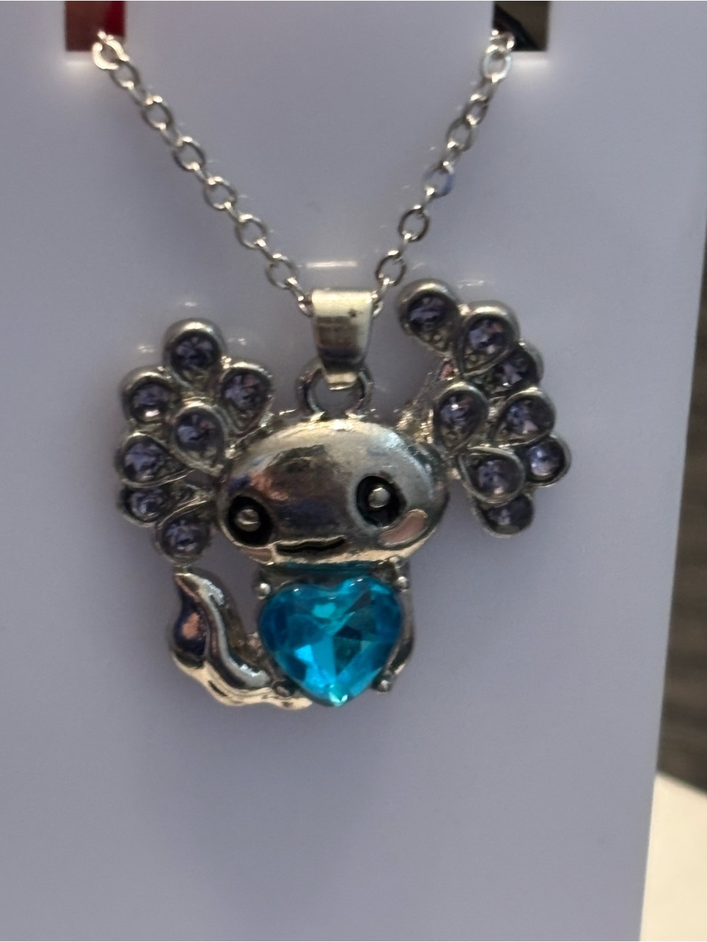 Silver Tone Axolotl Pendant Necklace, Blue Heart Stone, Purple Accent, Cable Cha